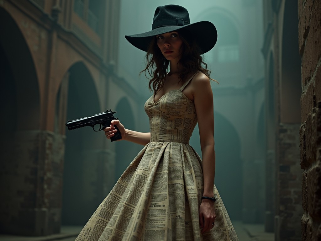 AI-generated story: A Woman in Newspaper Dress with Big Black Hat and Gun